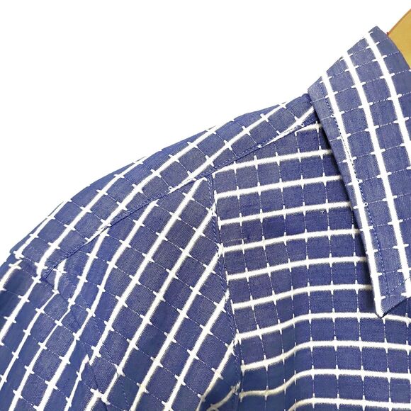 Rock Roll N Soul Shirt Men Large Blue White Button Flip Cuff Embroidered Striped - Picture 6 of 11